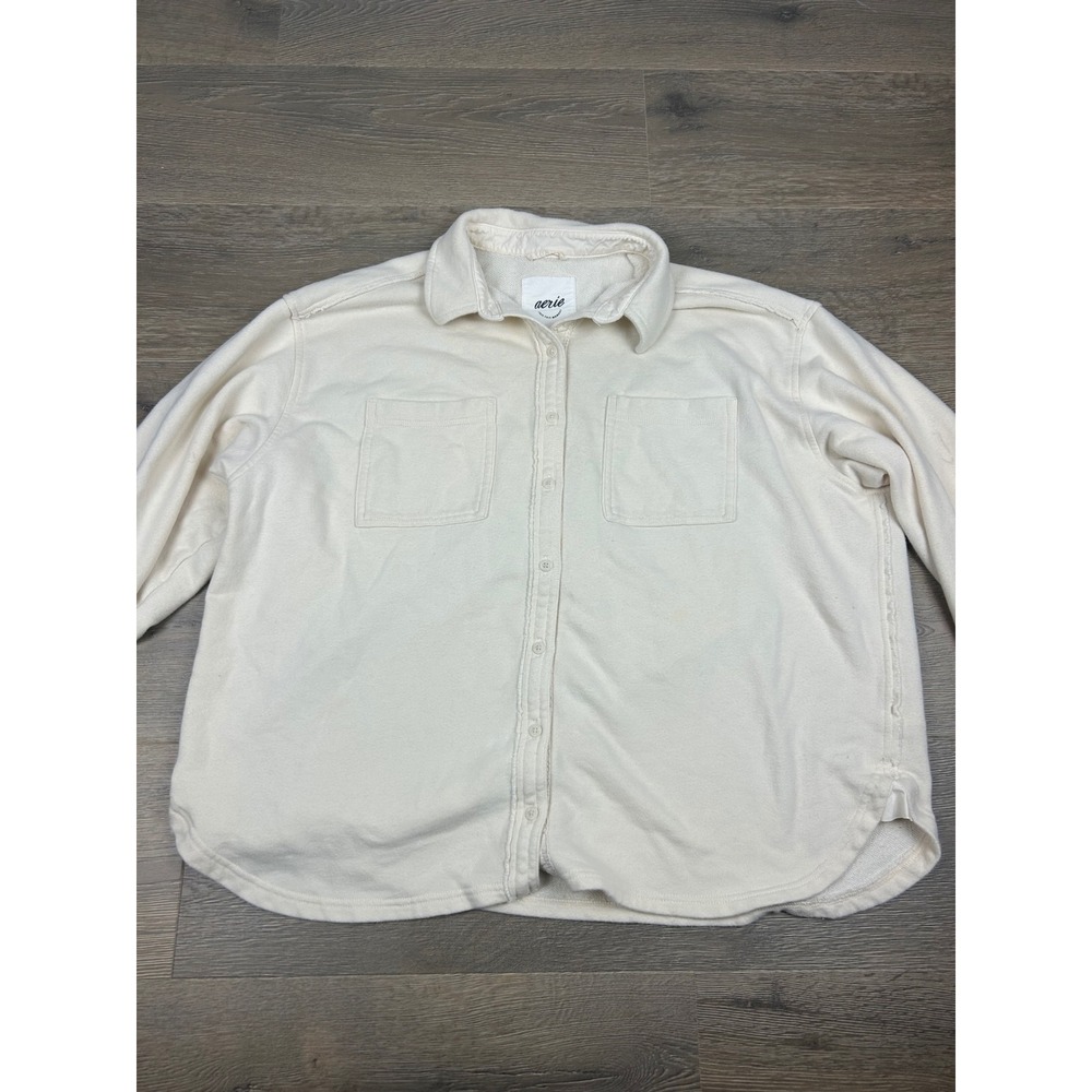 Aerie Women Cream Fleece Button Down Shacket Oversized Shirt Size M